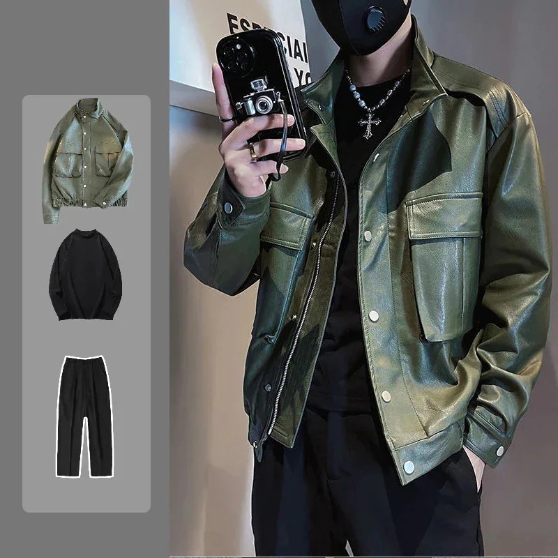 セットアップ 24新作 カジュアル ハンサム おしゃれ メンズ 3点セット感 上下セット 皮ジャケット+インナートップス+ロングズボン
