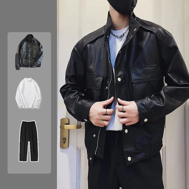 セットアップ 24新作 カジュアル ハンサム おしゃれ メンズ 3点セット感 上下セット 皮ジャケット+インナートップス+ロングズボン