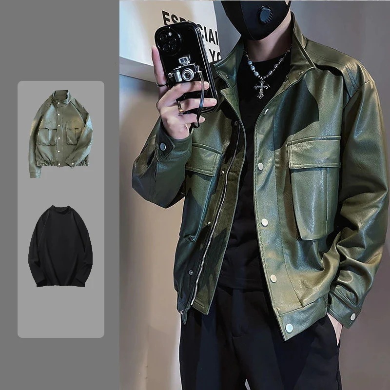 セットアップ 24新作 カジュアル ハンサム おしゃれ メンズ 3点セット感 上下セット 皮ジャケット+インナートップス+ロングズボン