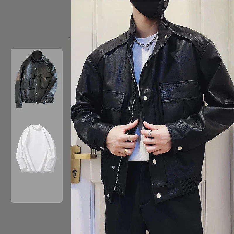 セットアップ 24新作 カジュアル ハンサム おしゃれ メンズ 3点セット感 上下セット 皮ジャケット+インナートップス+ロングズボン
