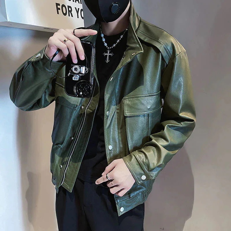 セットアップ 24新作 カジュアル ハンサム おしゃれ メンズ 3点セット感 上下セット 皮ジャケット+インナートップス+ロングズボン