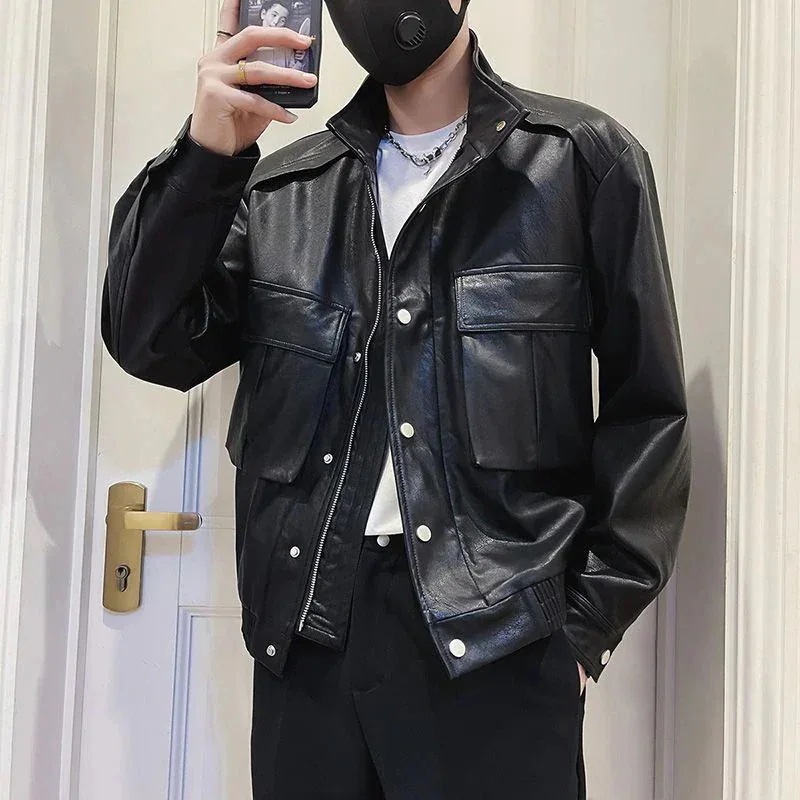 セットアップ 24新作 カジュアル ハンサム おしゃれ メンズ 3点セット感 上下セット 皮ジャケット+インナートップス+ロングズボン