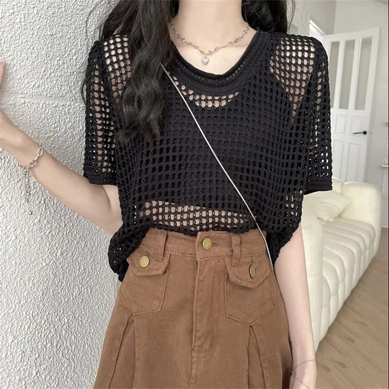 【超お得1つ買うと10個もらえる】メガ割夏でも着れる!サマーニット ニットウェア 夏のスケルトン半袖Tシャツ女性パーカー丸首ブラウスの韓国語バージョン 【超お得1つ買うと10個もらえる】メガ割夏でも着れる!サマーニット ニットウェア 夏のスケルトン半袖Tシャツ女性パーカー丸首ブラウスの韓国語バージョン