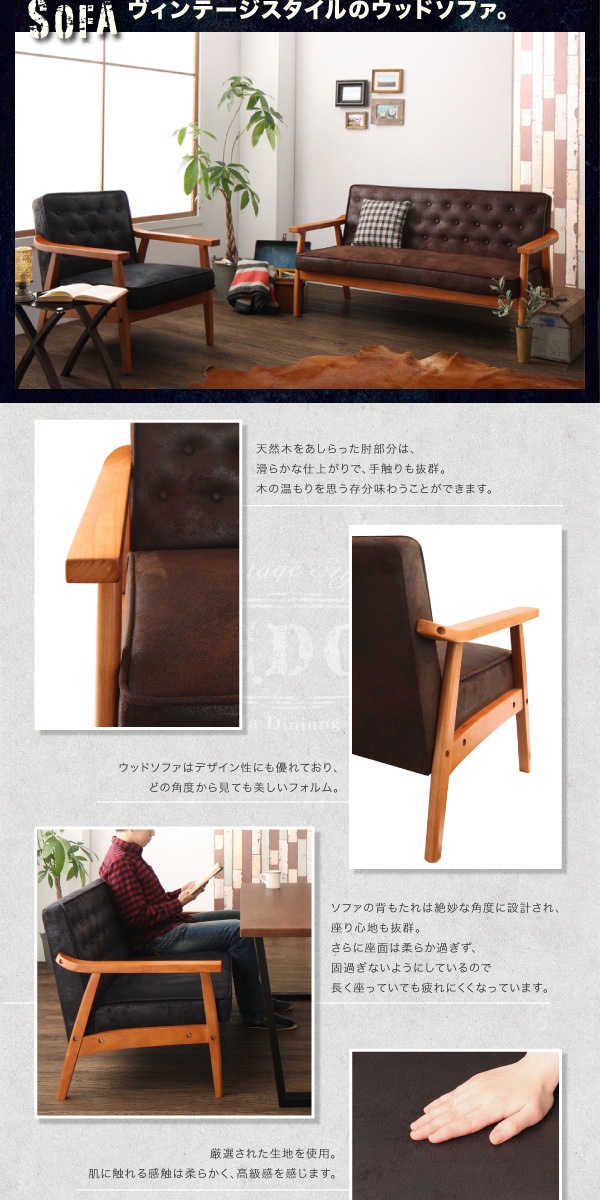 ヴィンテージスタイル ソファダイニングシリーズ BEDOX 5点セット テーブルW150+1Pソファ4脚 ソファ色 ブラック ヴィンテージスタイル ソファダイニングセット BEDOX ベドックス 4点