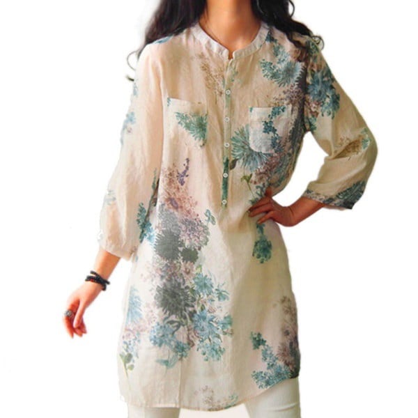 ヴィンテージ女性の花のプリントカジュアルルーズトップスシャツのチュニックドレスKaftan ヴィンテージ女性の花のプリントカジュアルルーズトップスシャツのチュニックドレスKaftan