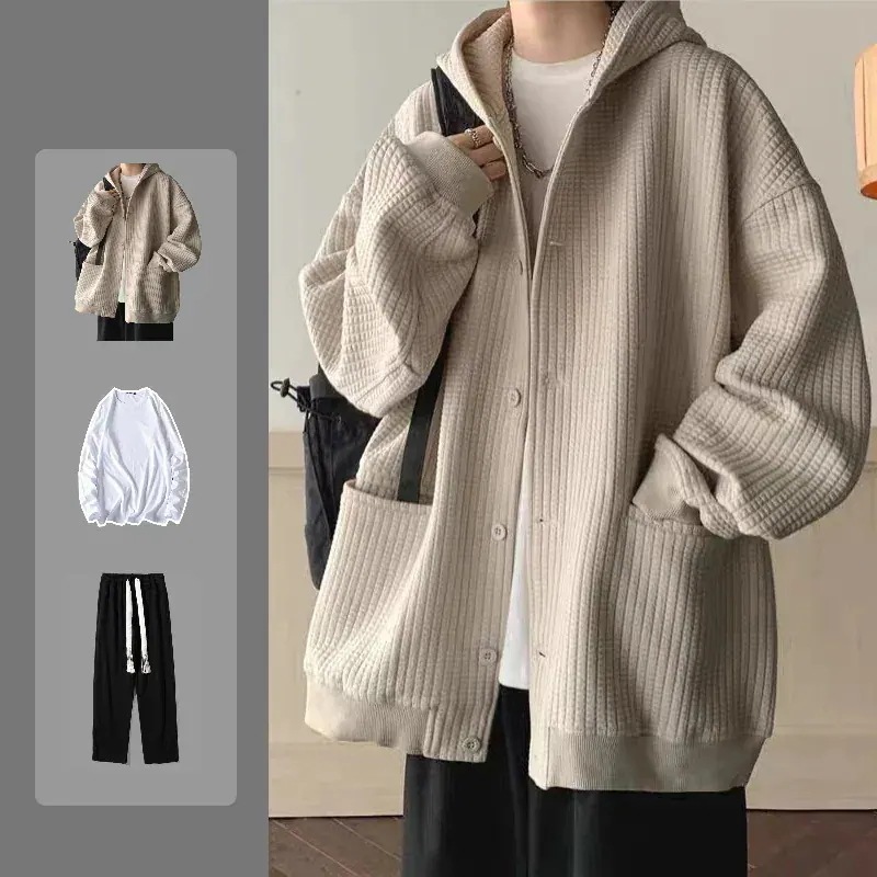 3日で出荷感 パーカー セットアップ シンプル ワッフルチェック メンズ 3点セット フード付きアウター+tシャツ+カジュアルパンツ404