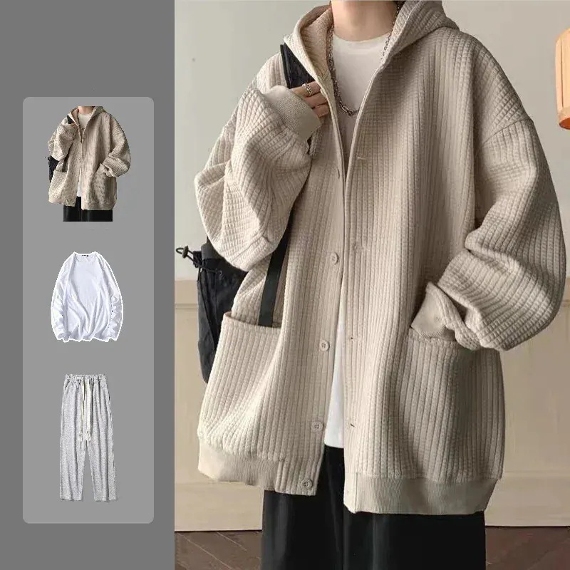 3日で出荷感 パーカー セットアップ シンプル ワッフルチェック メンズ 3点セット フード付きアウター+tシャツ+カジュアルパンツ404