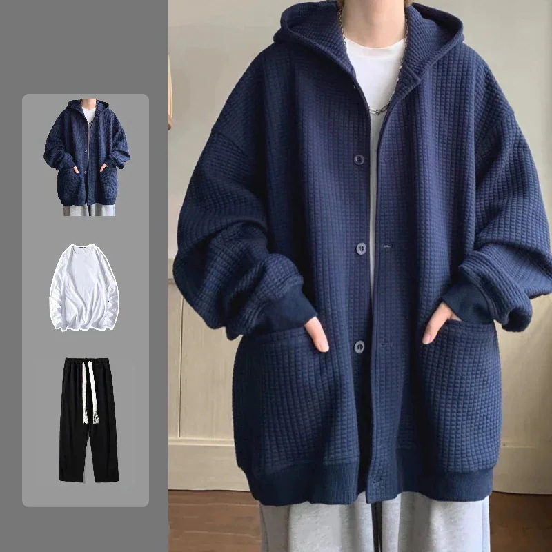 3日で出荷感 パーカー セットアップ シンプル ワッフルチェック メンズ 3点セット フード付きアウター+tシャツ+カジュアルパンツ404