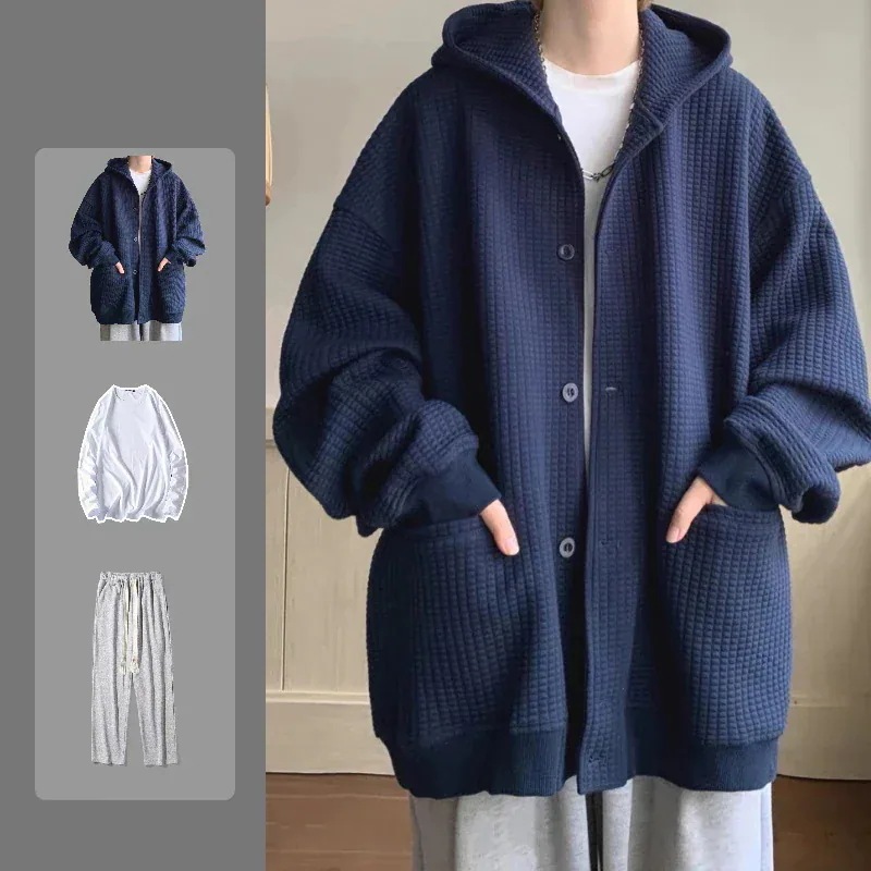 3日で出荷感 パーカー セットアップ シンプル ワッフルチェック メンズ 3点セット フード付きアウター+tシャツ+カジュアルパンツ404