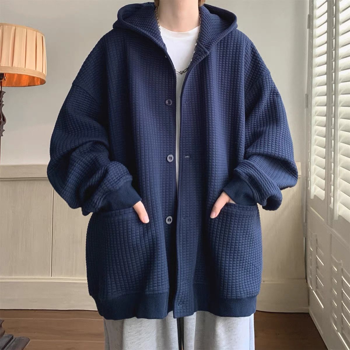 3日で出荷感 パーカー セットアップ シンプル ワッフルチェック メンズ 3点セット フード付きアウター+tシャツ+カジュアルパンツ404