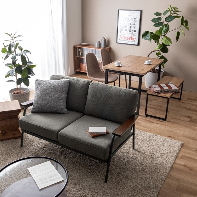 ソファ 2人掛け おしゃれ ダイニング 北欧 コーデュロイ ポケットコイル 座りやすい 天然木 アイアン