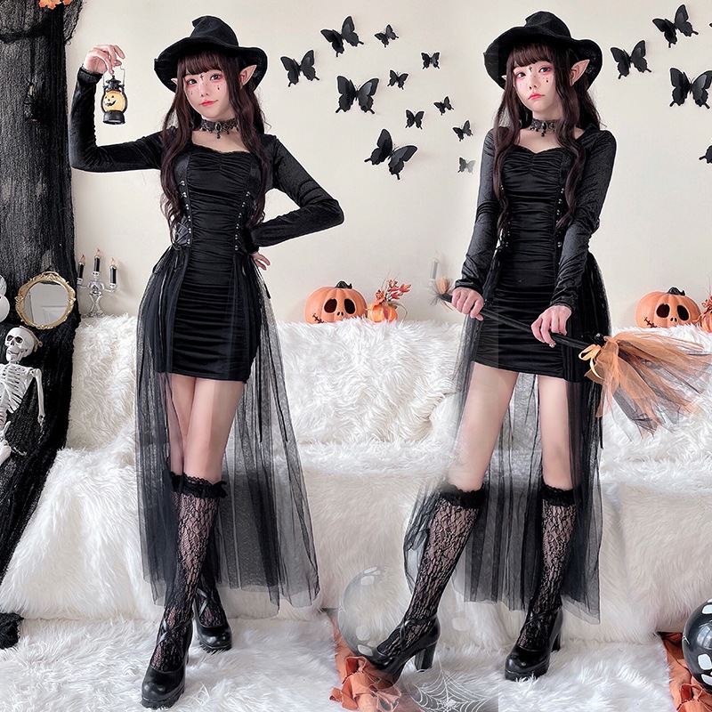 ハロウィンコスチューム マジシャン 魔女 ダーク ゴシック ローブ ステージパフォーマンス ロールプレイ コスプレコスチューム