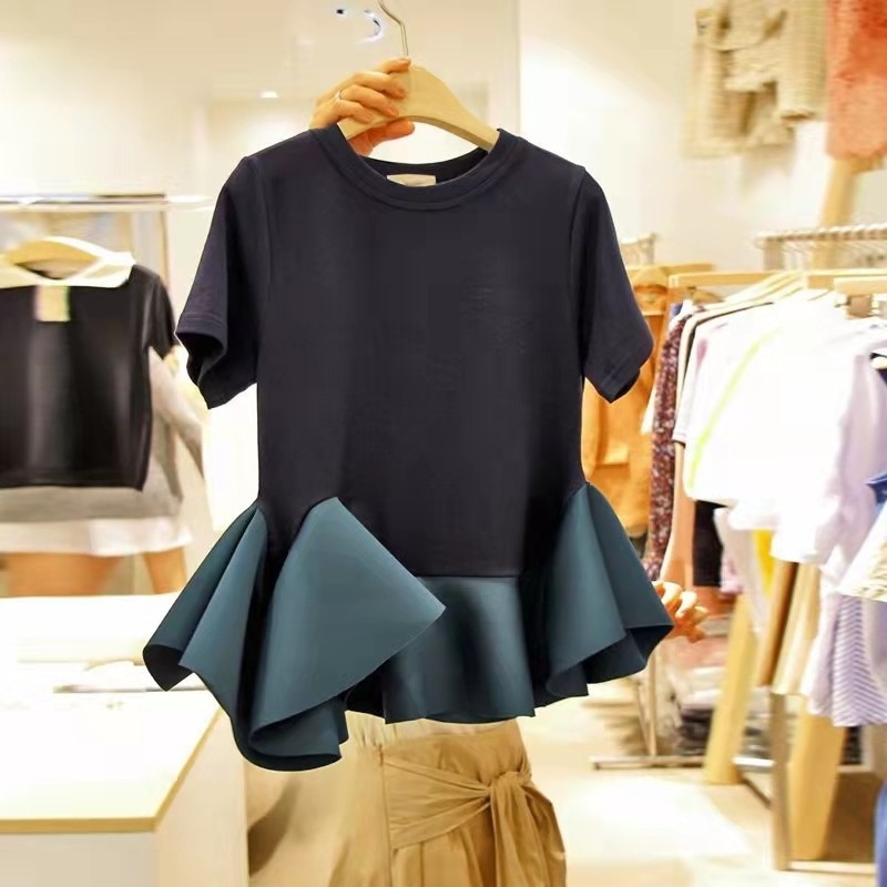ペプラムフリルトップス 半袖カットソー 切り替え 韓国 レディース オルチャン Tシャツ シャツ 袖あり 半袖 ラウンドネック ペプラム 切り替えデザイン かわいい 大人可愛い きれいめ