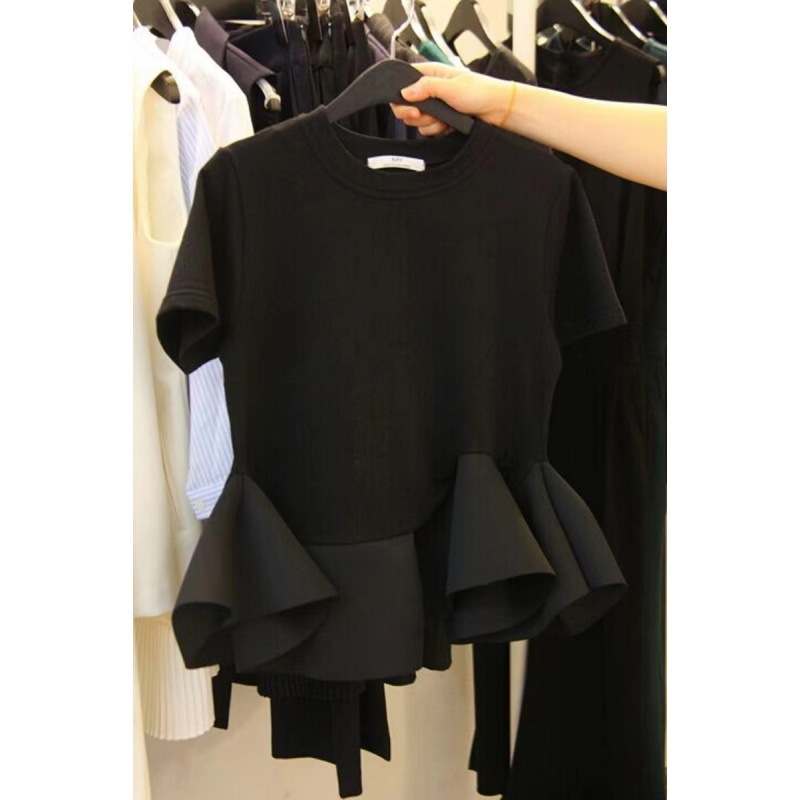 ペプラムフリルトップス 半袖カットソー 切り替え 韓国 レディース オルチャン Tシャツ シャツ 袖あり 半袖 ラウンドネック ペプラム 切り替えデザイン かわいい 大人可愛い きれいめ