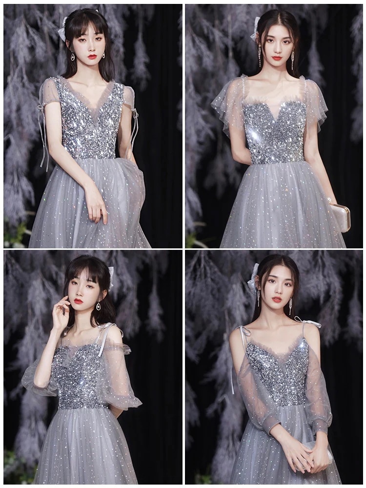 【急速出荷!】グレー2024新しい春の結婚式のイブニングドレスの気質長い薄い