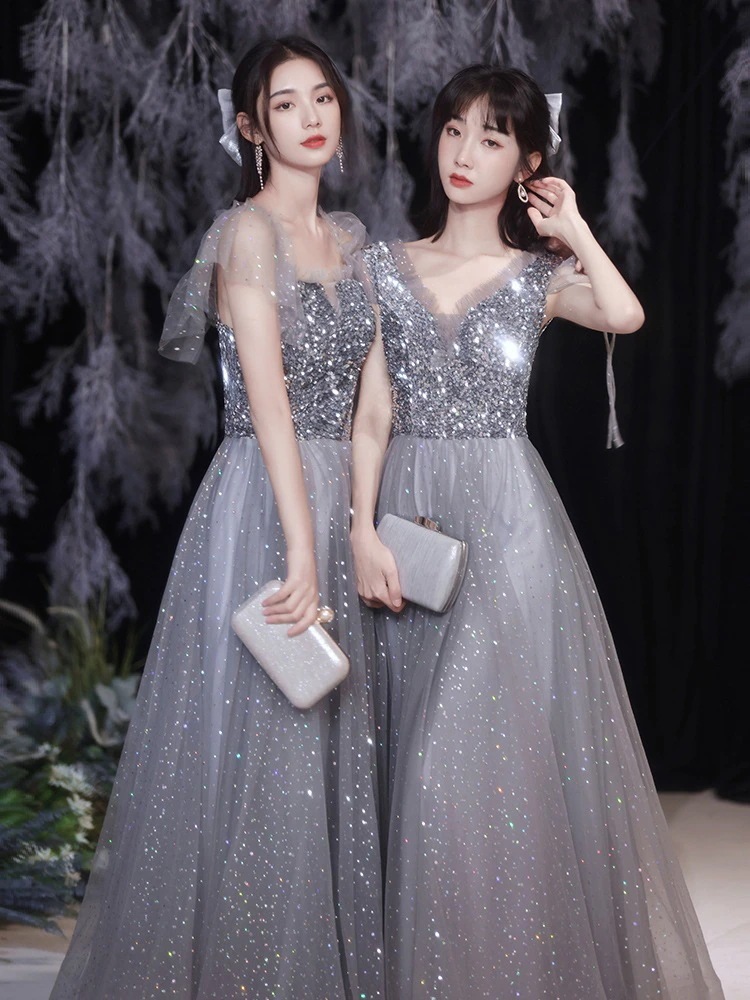 【急速出荷!】グレー2024新しい春の結婚式のイブニングドレスの気質長い薄い