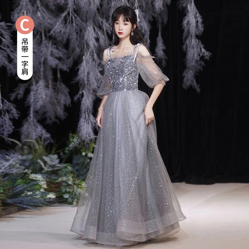 【急速出荷!】グレー2024新しい春の結婚式のイブニングドレスの気質長い薄い