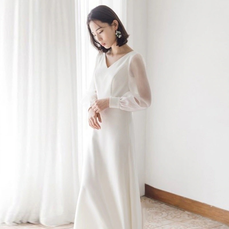 パーティードレス ウェディングドレス 二次会 花嫁 結婚式 Aライン 長袖 シンプル ウエディングドレス 安い 白 安い エンパイア 花嫁 フォトウエディング ビー ワンピース