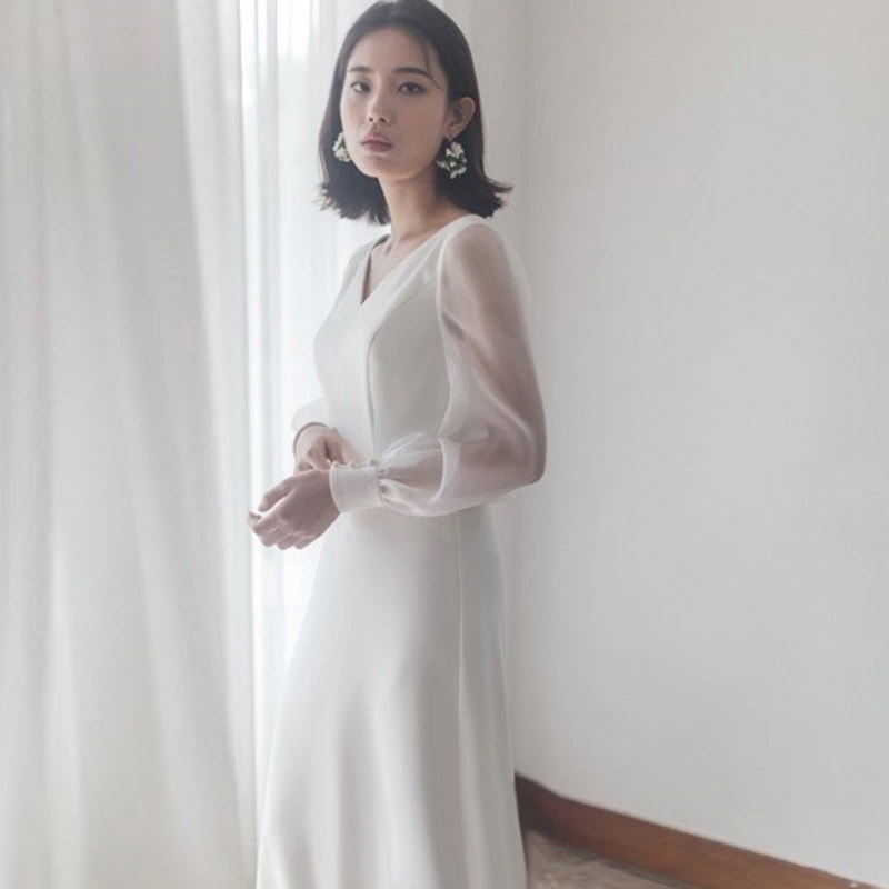 パーティードレス ウェディングドレス 二次会 花嫁 結婚式 Aライン 長袖 シンプル ウエディングドレス 安い 白 安い エンパイア 花嫁 フォトウエディング ビー ワンピース