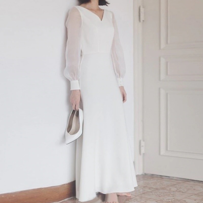パーティードレス ウェディングドレス 二次会 花嫁 結婚式 Aライン 長袖 シンプル ウエディングドレス 安い 白 安い エンパイア 花嫁 フォトウエディング ビー ワンピース