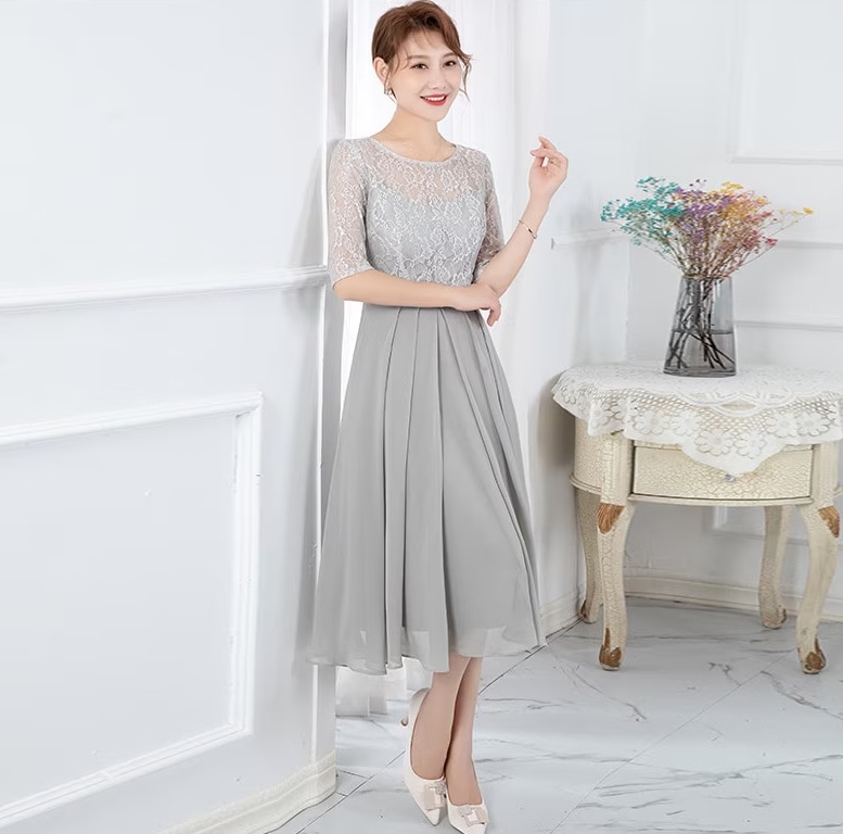 パーティードレス 結婚式 ワンピース ドレス 二次会 フォーマル 披露宴 膝丈 ひざ下 七分袖 20代30代40代50代