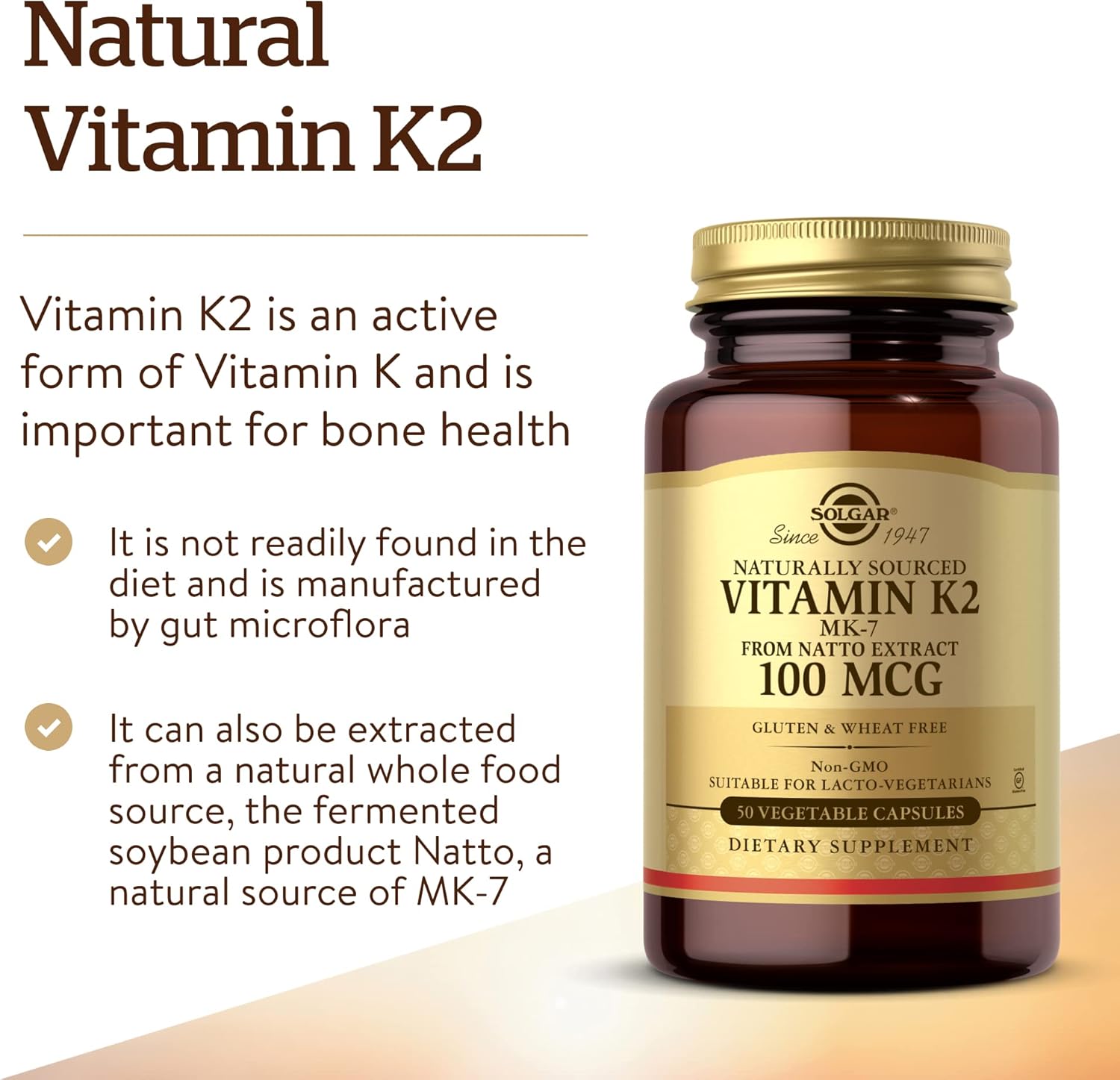 Solgar Naturally Sourced Vitamin K2 (MK-7) 100 mcg - 50 Vegetable Capsules - Supports Bone Health Solgar Naturally Sourced Vitamin K2 (MK-7) 100 mcg - 50 Vegetable Capsules - Supports Bone Health