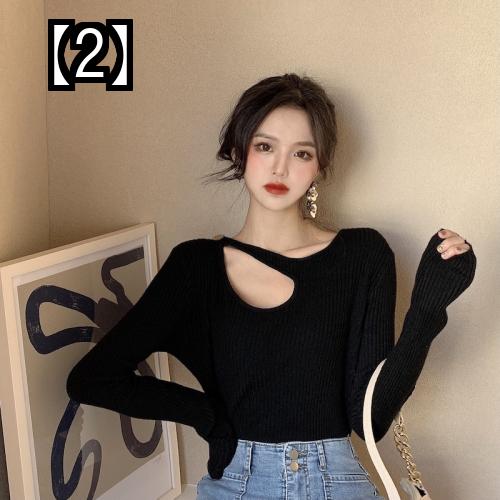 胸開き トップス 春秋 ニット スリム フィット 薄手 鎖骨 レディース 無地 シンプル 長袖 黒 白 グレー