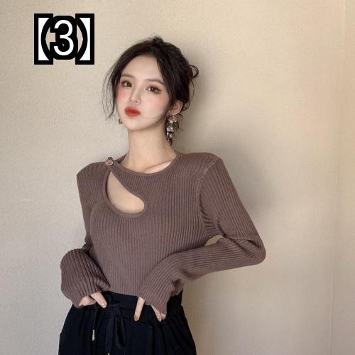 胸開き トップス 春秋 ニット スリム フィット 薄手 鎖骨 レディース 無地 シンプル 長袖 黒 白 グレー