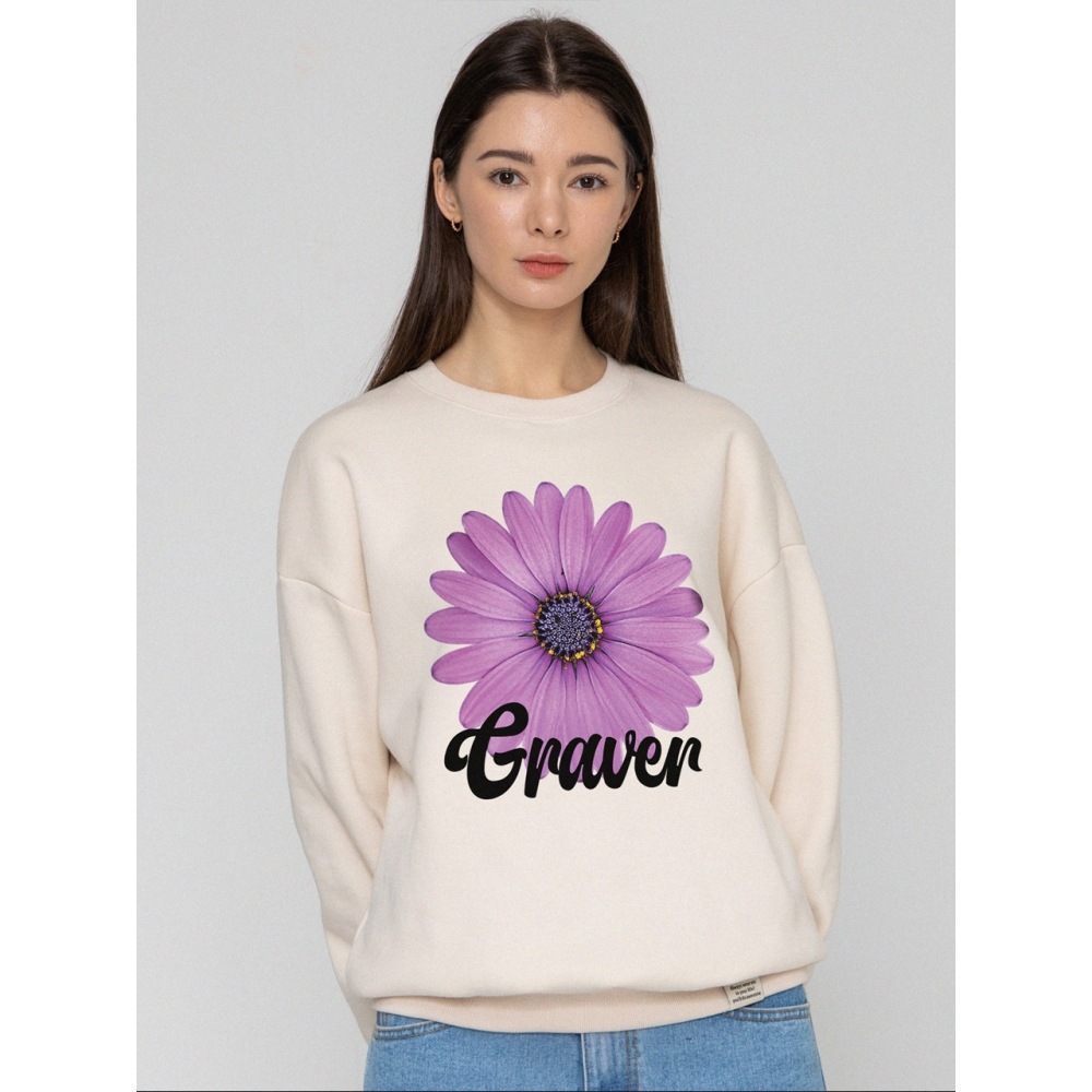 GRAVERパープルデイジーフラワースマイルマンツーマンクリーム T