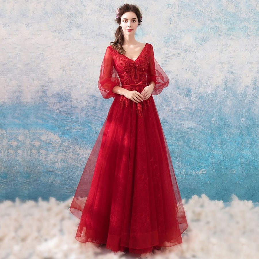 カラードレス 赤 演奏会 ロングドレス 安い イブニングドレス 結婚式 パーティー 花嫁 フォーマル