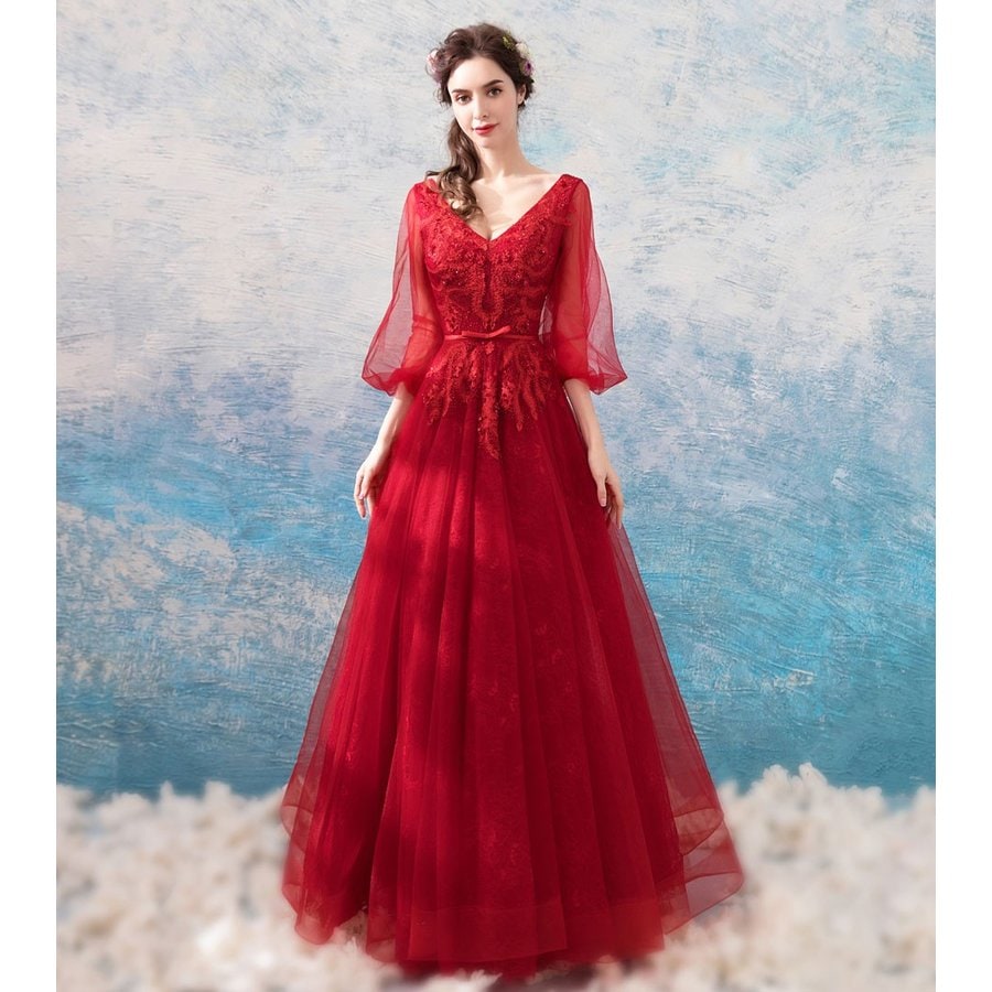 カラードレス 赤 演奏会 ロングドレス 安い イブニングドレス 結婚式 パーティー 花嫁 フォーマル