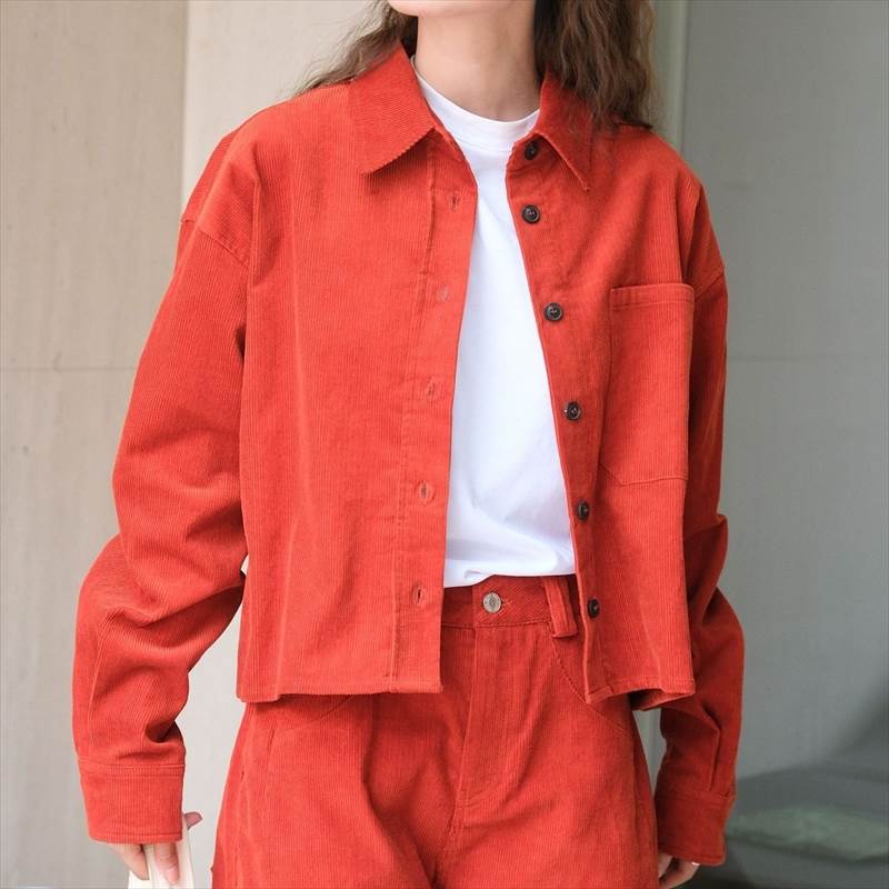 【早い者勝ち！】無地 オフホワイト オレンジ ストレート 襟付き 長袖 短丈トップス ショート丈 冬 秋 春 個性的 シャツ レディース