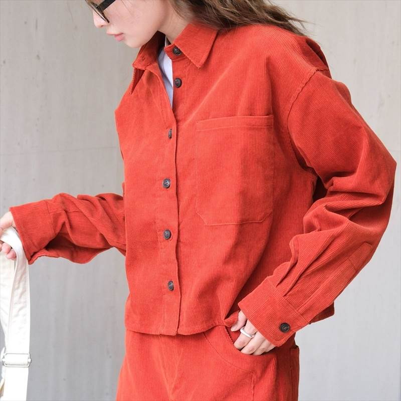 【早い者勝ち！】無地 オフホワイト オレンジ ストレート 襟付き 長袖 短丈トップス ショート丈 冬 秋 春 個性的 シャツ レディース