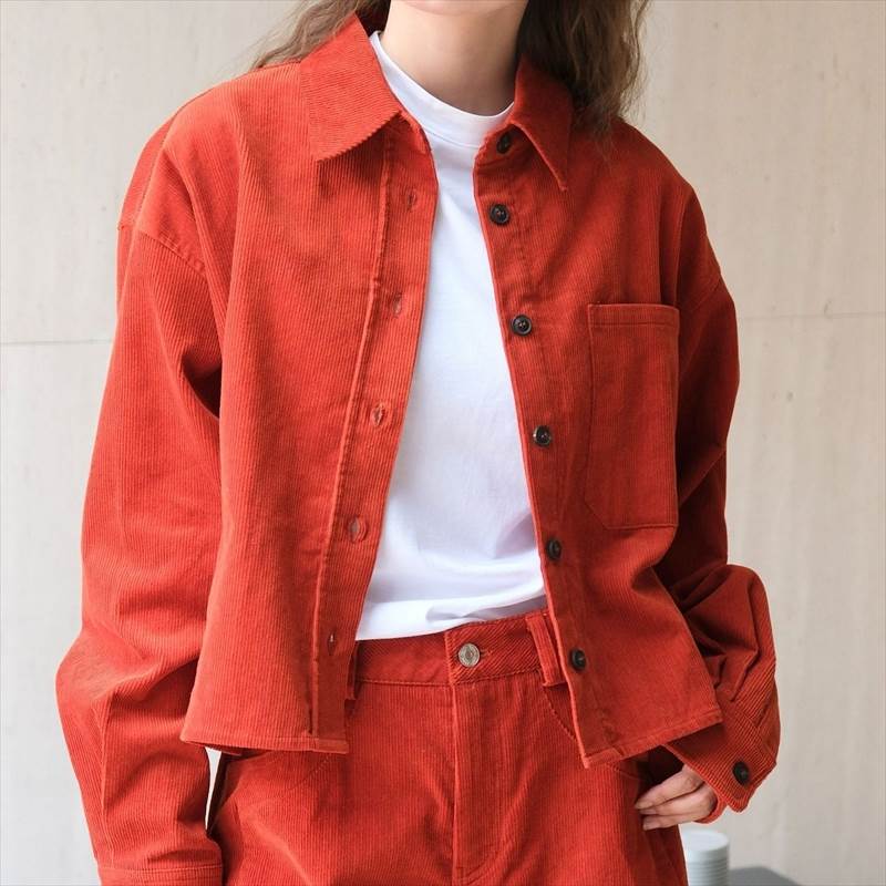 【早い者勝ち！】無地 オフホワイト オレンジ ストレート 襟付き 長袖 短丈トップス ショート丈 冬 秋 春 個性的 シャツ レディース