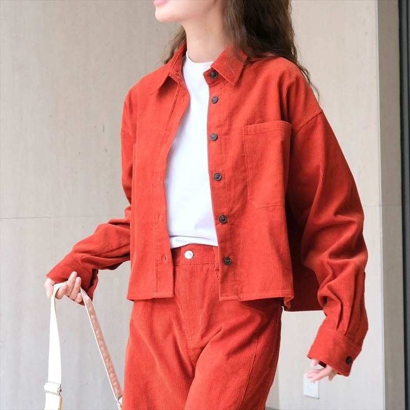 【早い者勝ち！】無地 オフホワイト オレンジ ストレート 襟付き 長袖 短丈トップス ショート丈 冬 秋 春 個性的 シャツ レディース