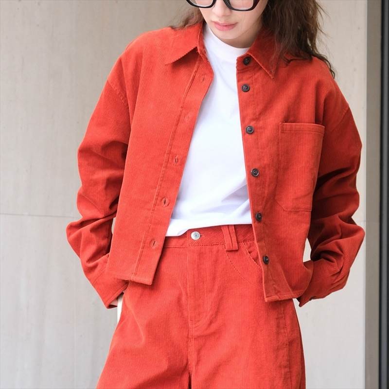 【早い者勝ち！】無地 オフホワイト オレンジ ストレート 襟付き 長袖 短丈トップス ショート丈 冬 秋 春 個性的 シャツ レディース