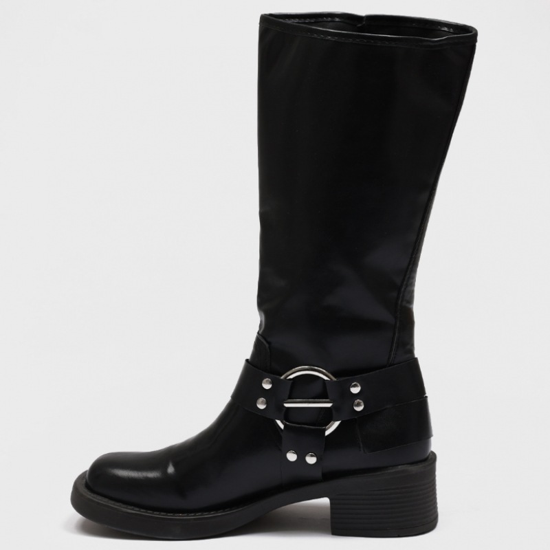 ブラックアップ【春新品】パンプミリーバックルレザーロングブーツ ブラックアップ【春新品】パンプミリーバックルレザーロングブーツ