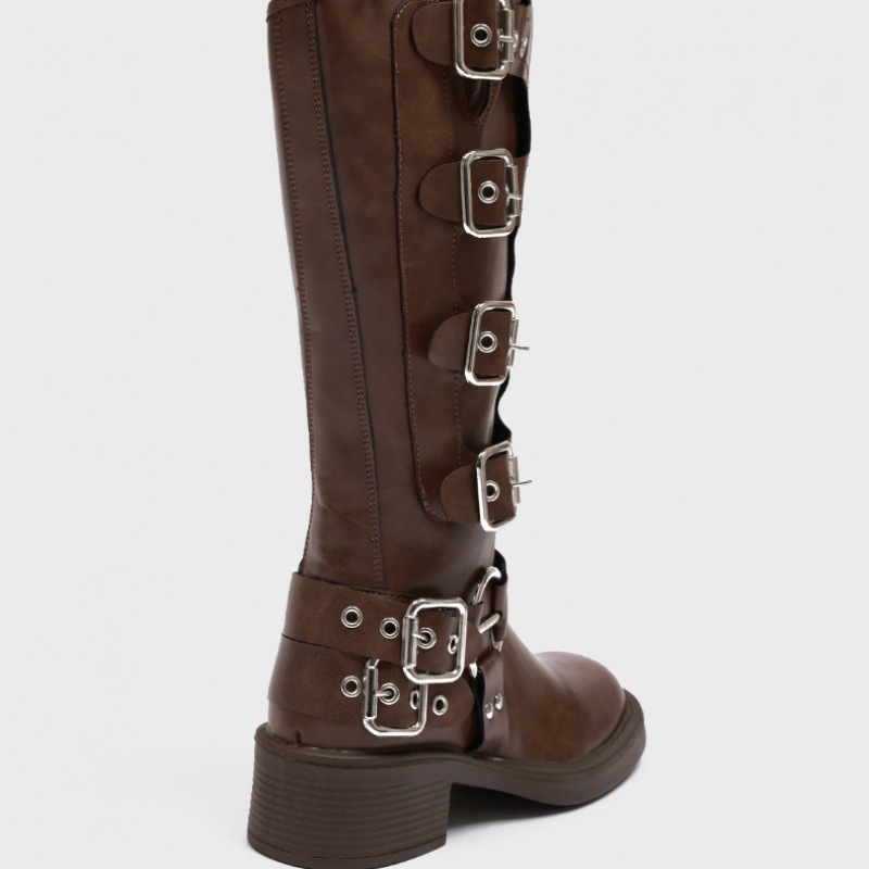 ブラックアップ【春新品】パンプミリーバックルレザーロングブーツ ブラックアップ【春新品】パンプミリーバックルレザーロングブーツ