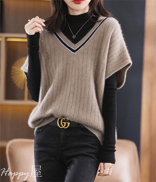 Qoo10] ニットベスト レディース Vネック リブ