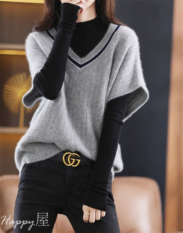 Qoo10] ニットベスト レディース Vネック リブ