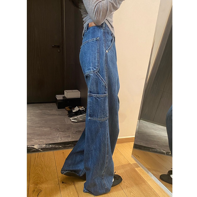 Nantao レトロウォッシュダメージワークウェアジーンズ女性用 2024 春ルーズスリミングハイウエストワイドレッグフロアレングスパンツ