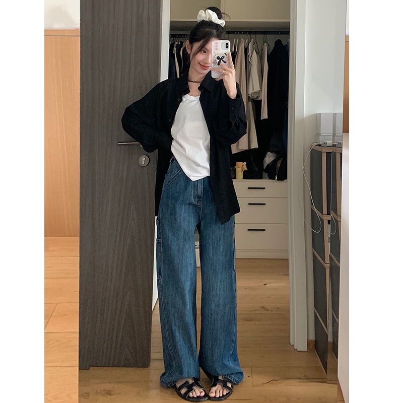 Nantao レトロウォッシュダメージワークウェアジーンズ女性用 2024 春ルーズスリミングハイウエストワイドレッグフロアレングスパンツ