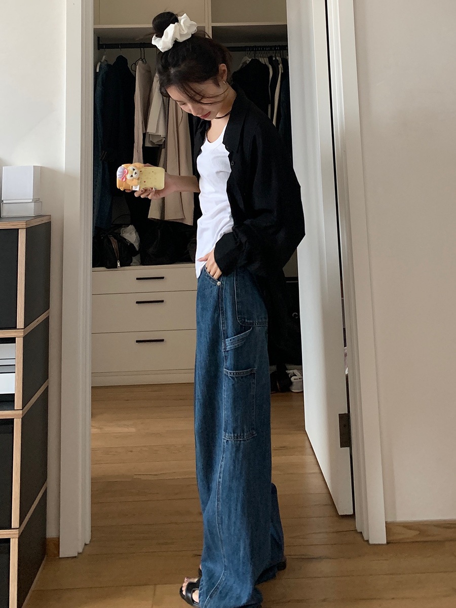 Nantao レトロウォッシュダメージワークウェアジーンズ女性用 2024 春ルーズスリミングハイウエストワイドレッグフロアレングスパンツ