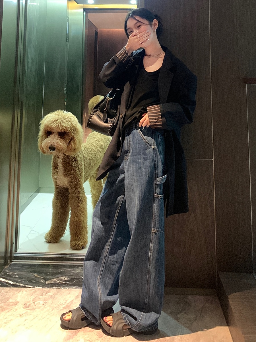 Nantao レトロウォッシュダメージワークウェアジーンズ女性用 2024 春ルーズスリミングハイウエストワイドレッグフロアレングスパンツ