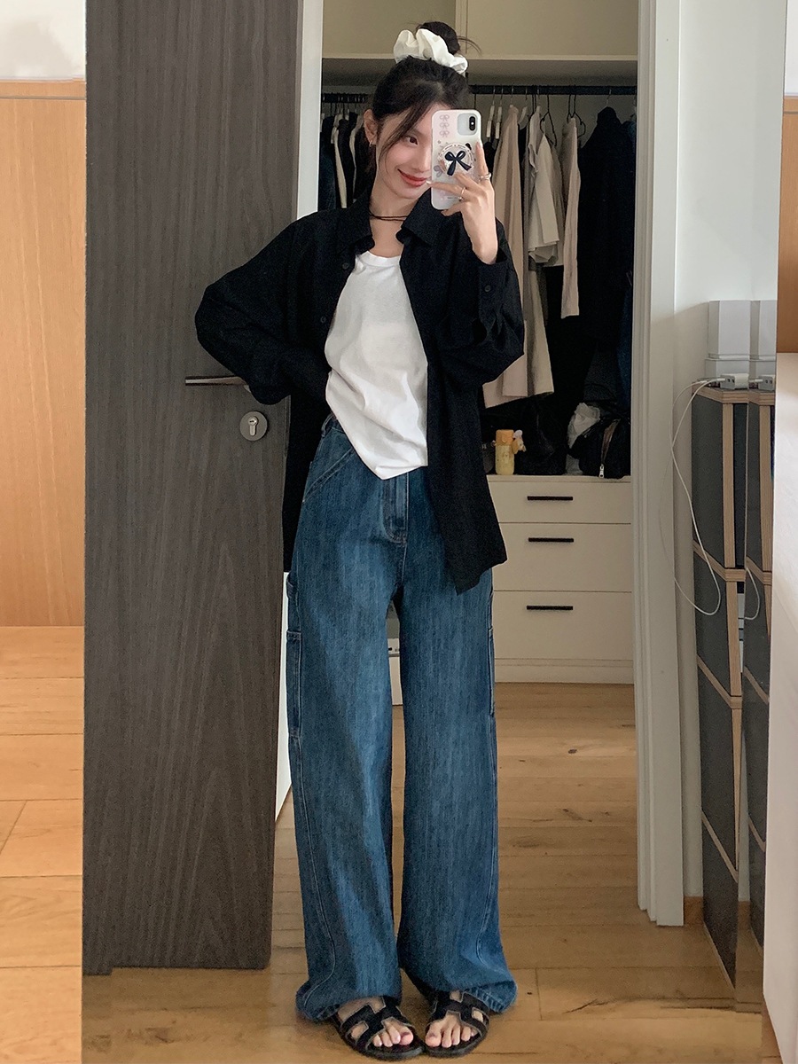 Nantao レトロウォッシュダメージワークウェアジーンズ女性用 2024 春ルーズスリミングハイウエストワイドレッグフロアレングスパンツ