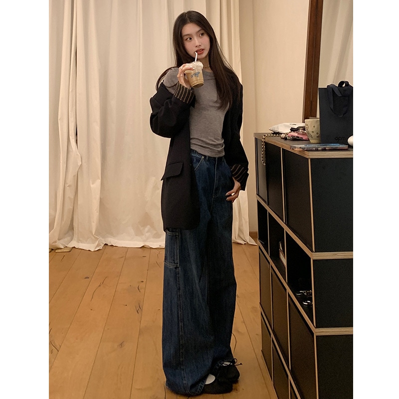 Nantao レトロウォッシュダメージワークウェアジーンズ女性用 2024 春ルーズスリミングハイウエストワイドレッグフロアレングスパンツ