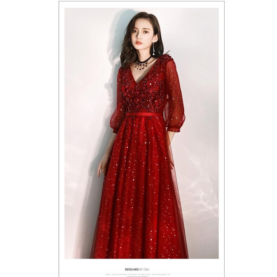 ロングドレス パーティードレス 結婚式 10代 20代 30代40代 袖ありワンピースドレス レディ