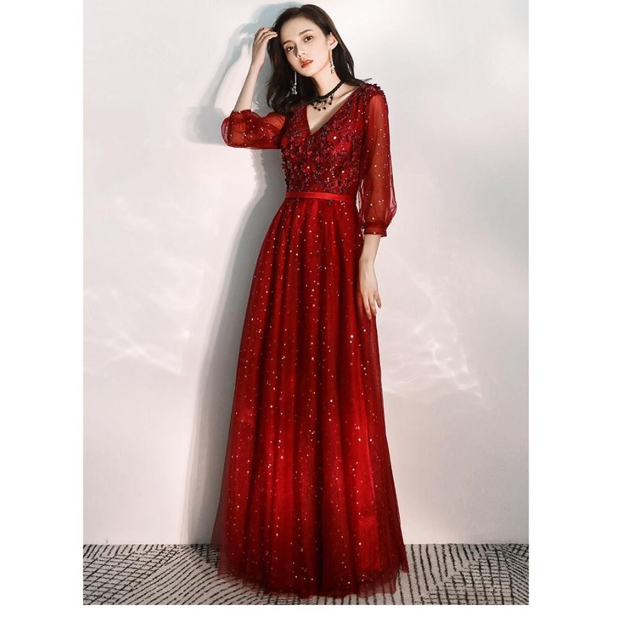 ロングドレス パーティードレス 結婚式 10代 20代 30代40代 袖ありワンピースドレス レディ