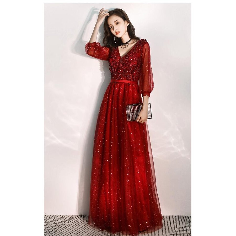 ロングドレス パーティードレス 結婚式 10代 20代 30代40代 袖ありワンピースドレス レディ