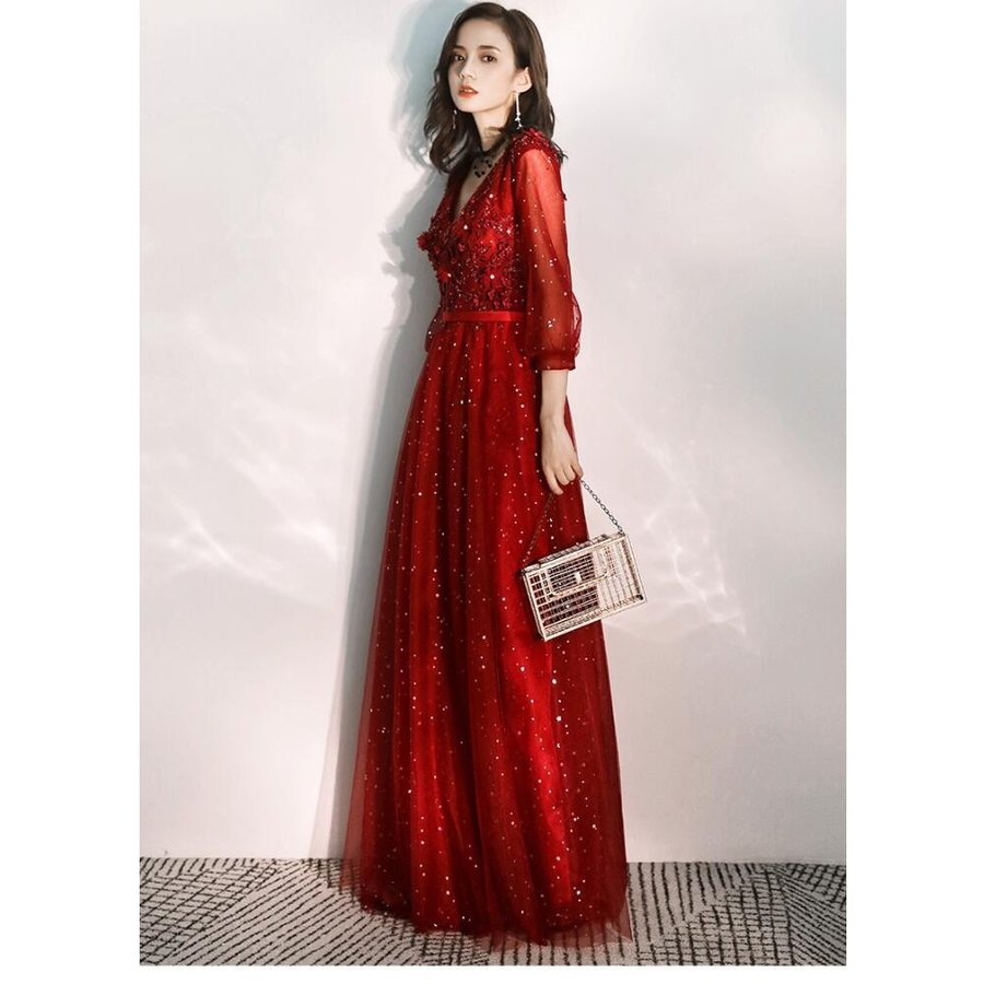 ロングドレス パーティードレス 結婚式 10代 20代 30代40代 袖ありワンピースドレス レディ